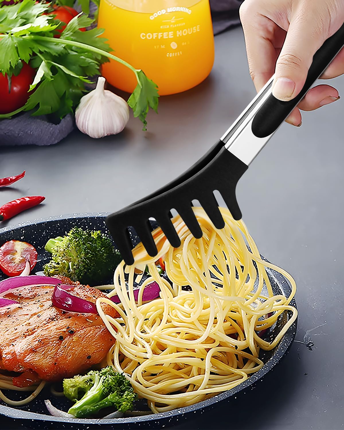 Silicone Spaghetti Spoon and Pasta Tong, Server Fork with teeth,10" & 13"