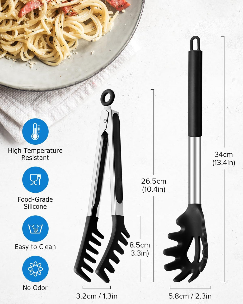 Silicone Spaghetti Spoon and Pasta Tong, Server Fork with teeth,10" & 13"