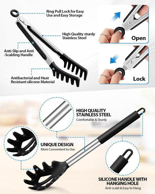 Silicone Spaghetti Spoon and Pasta Tong, Server Fork with teeth,10" & 13"