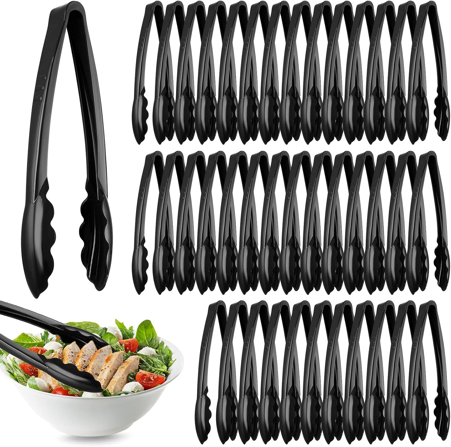 50 Pcs Plastic Tongs, 9 Inch Disposable Serving Tongs,Black