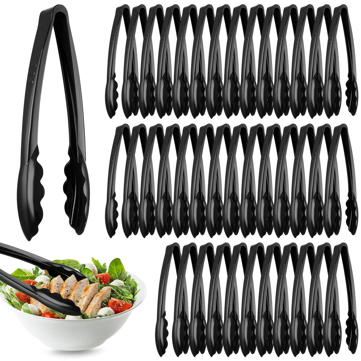 50 Pcs Plastic Tongs, 9 Inch Disposable Serving Tongs,Black