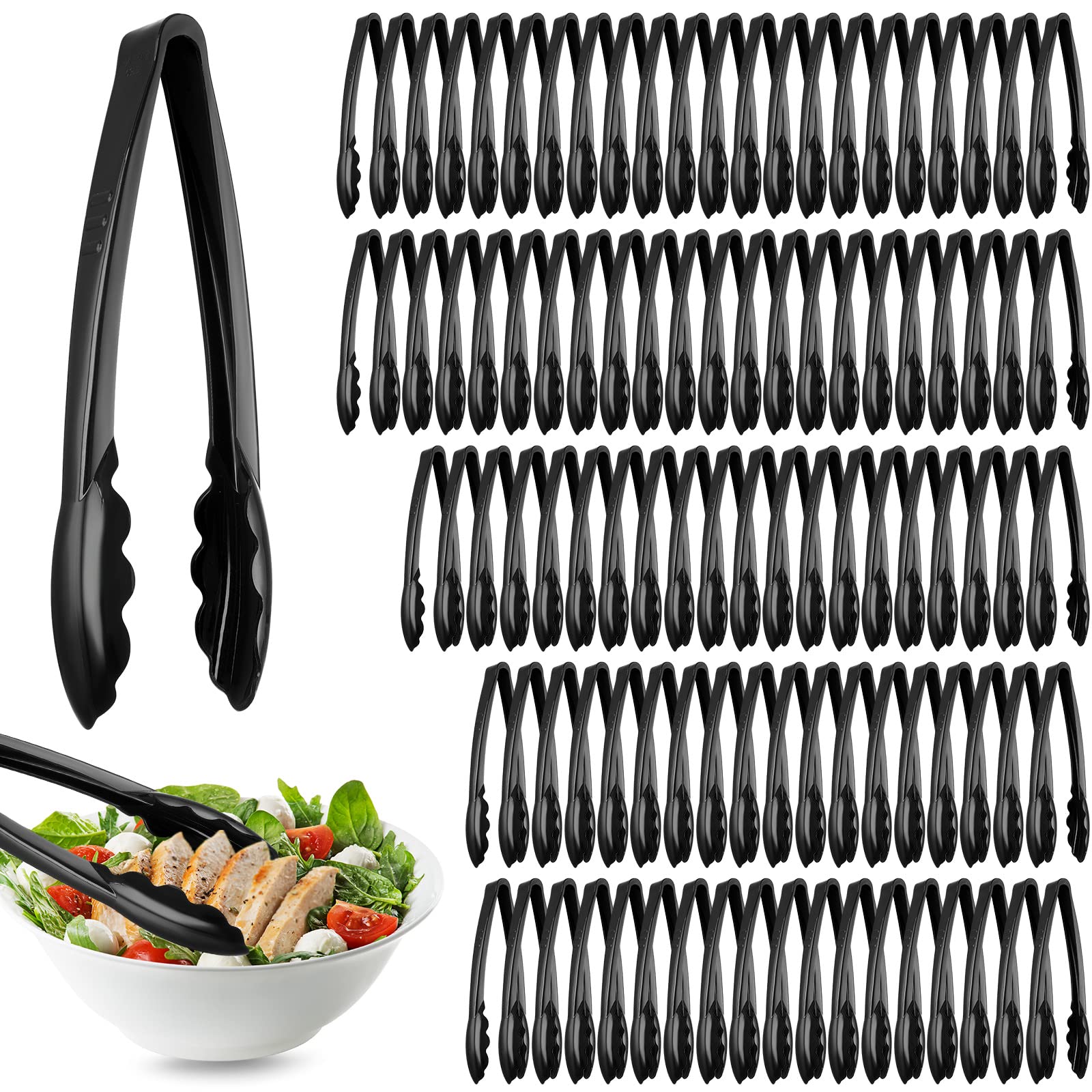 50 Pcs Plastic Tongs, 9 Inch Disposable Serving Tongs,Black